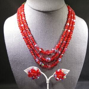 Vintage Czech Red Glass AB 3 Strand Necklace Earrings Set 1950s